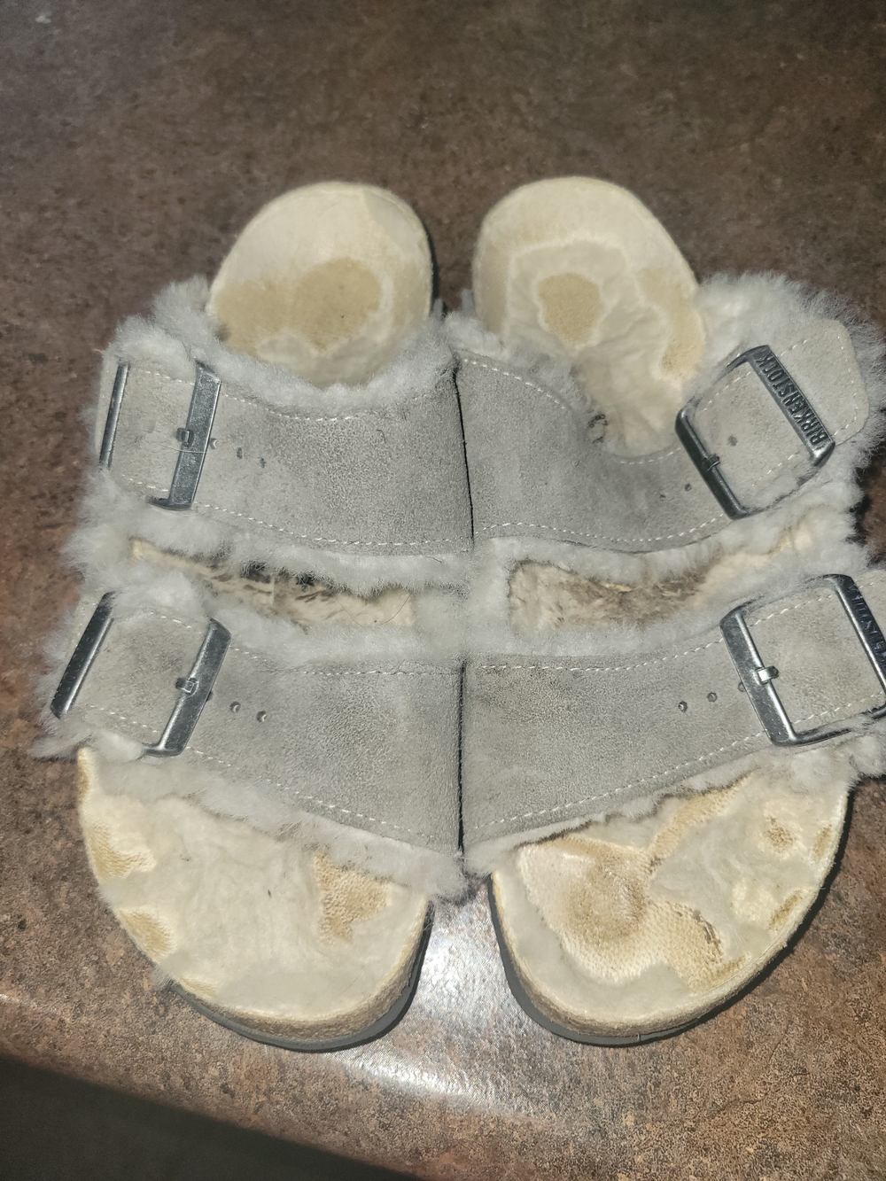 Birkenstock Gray Shearling Double-Buckle Slide Sandals